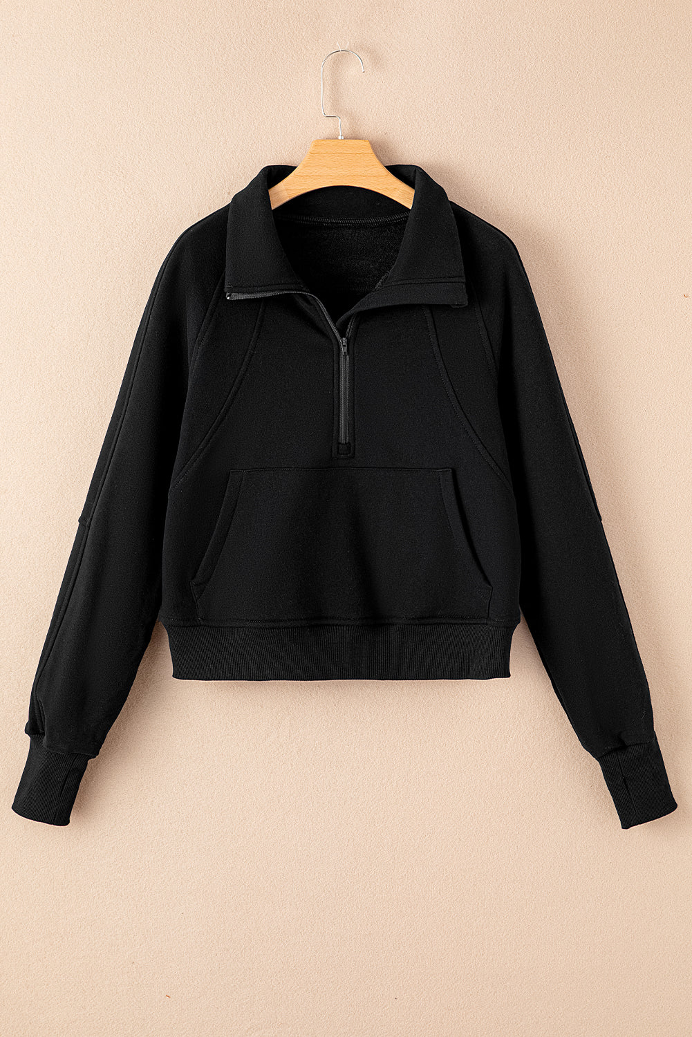 Green Zip Up Stand Collar Ribbed Thumbhole Sleeve Sweatshirt