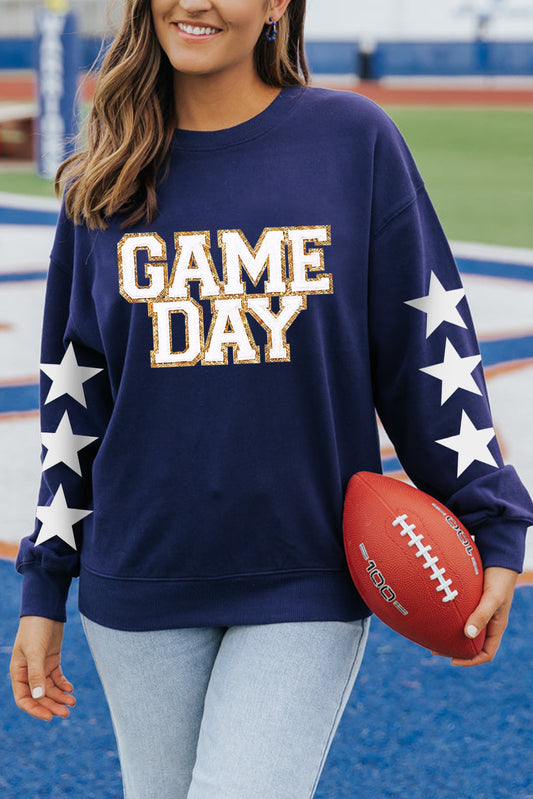 Navy Blue GAME DAY Star Sleeve Graphic Pullover Sweatshirt