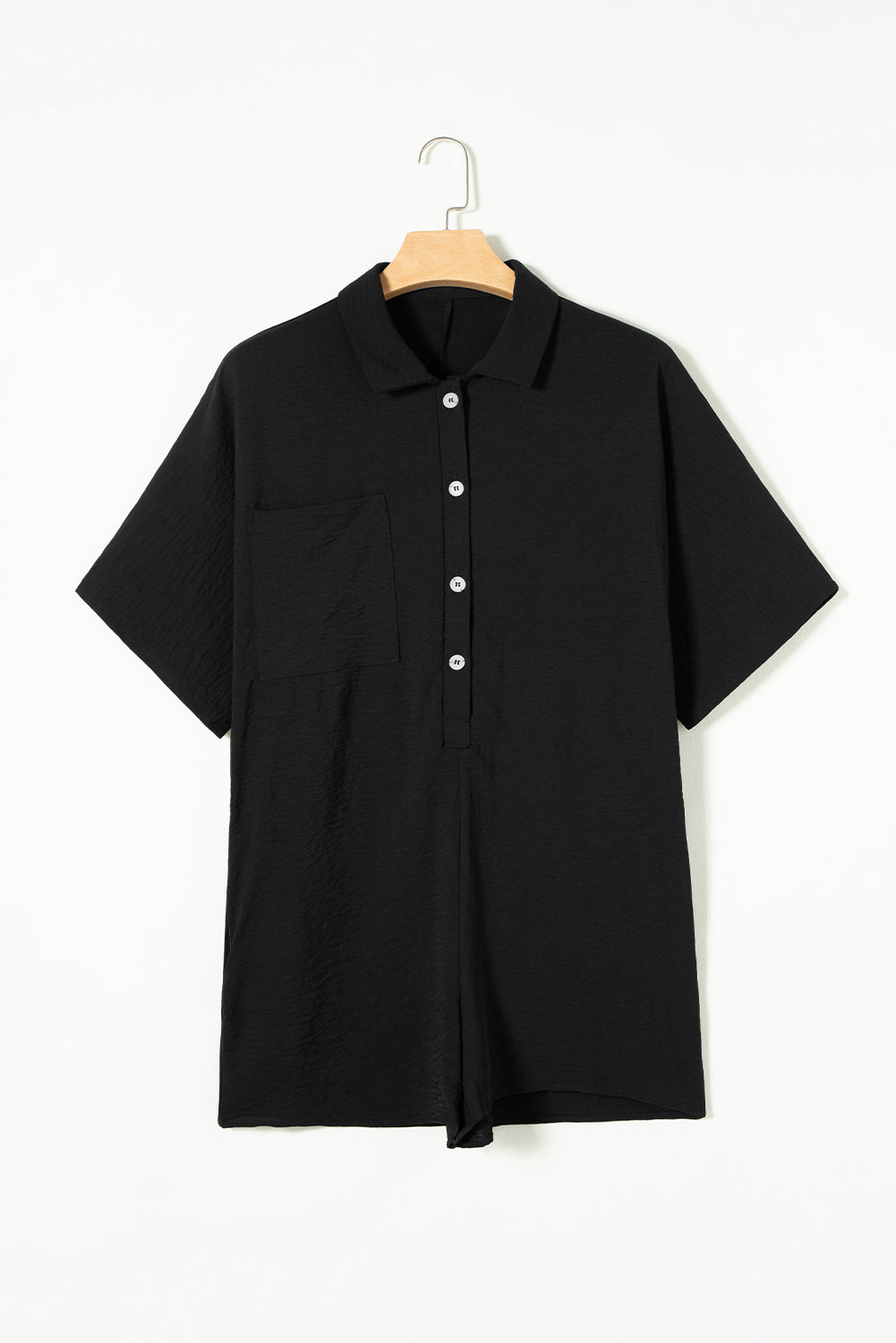 Black Plain Half Button Collared Pocket Loose Romper