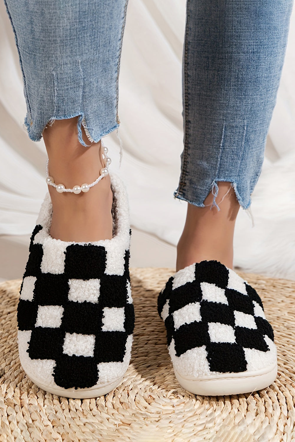 Fiery Red Checkered Print Fuzzy Slip On Winter Slippers