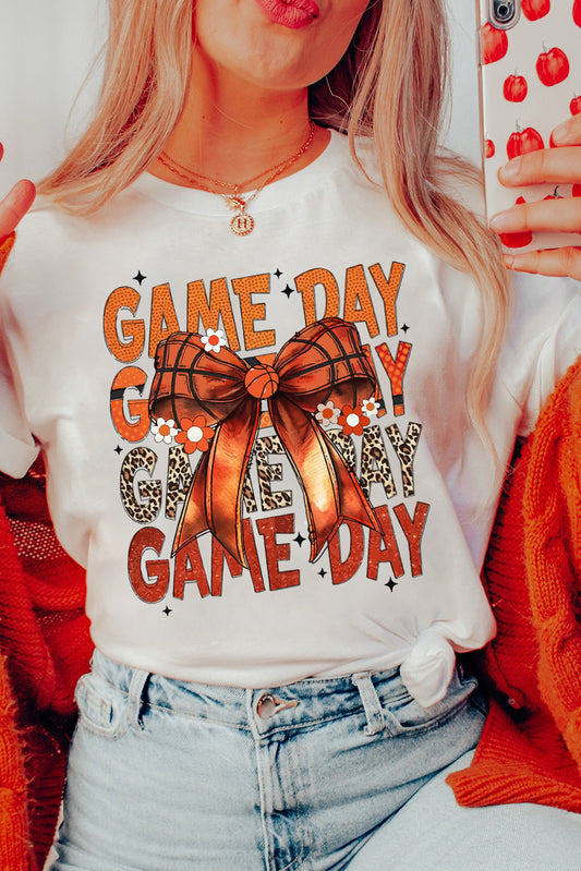 White GAME DAY Bowknot Round Neck T Shirt