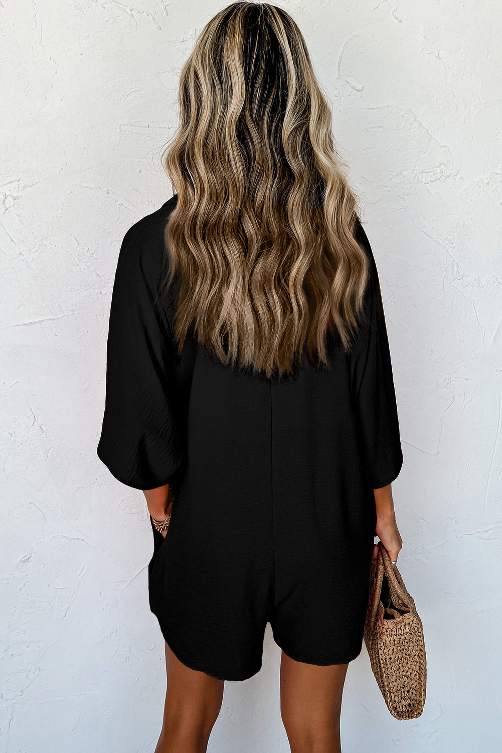 Black Plain Half Button Collared Pocket Loose Romper