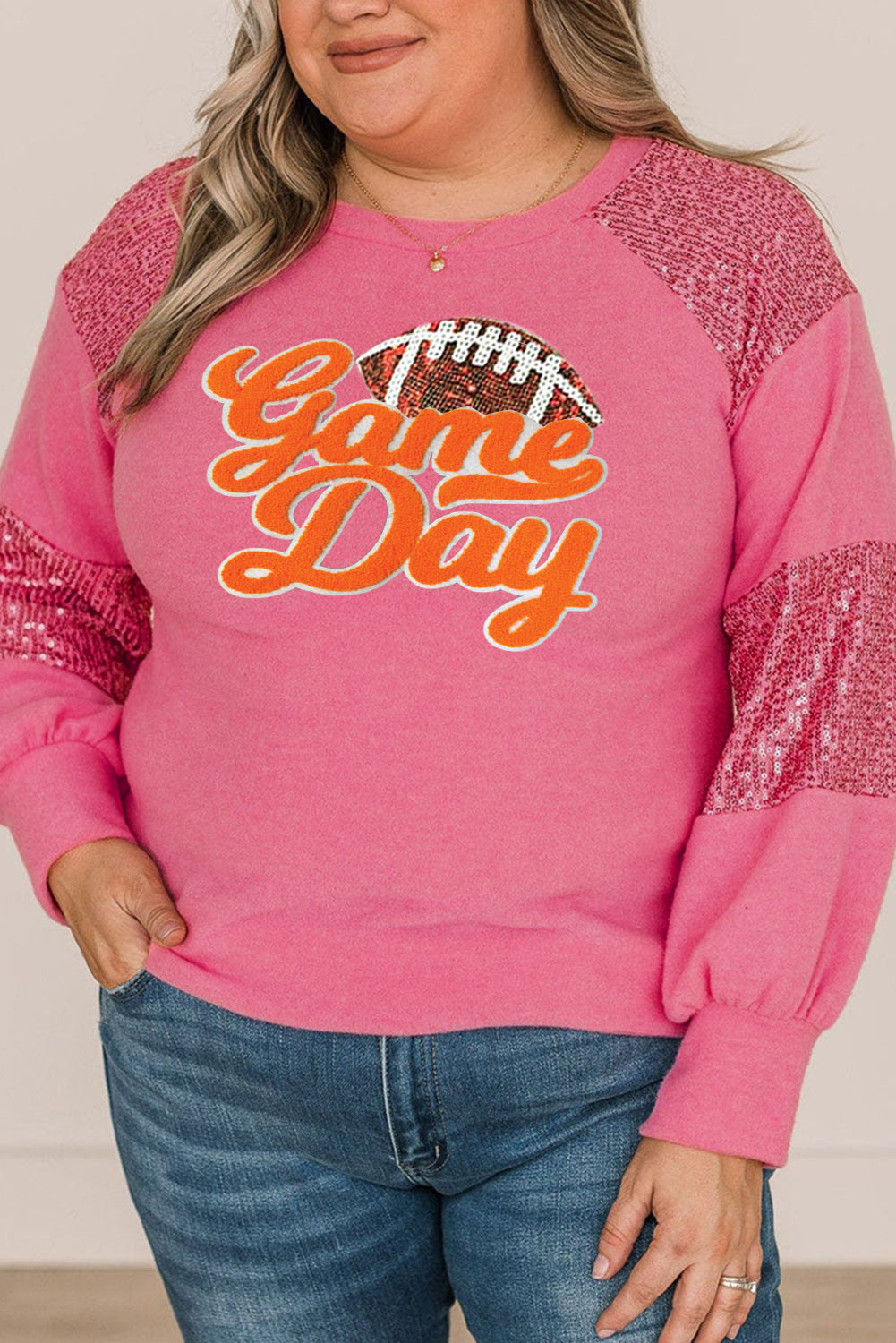 Pink Chenille Game Day Rugby Graphic Sequin Patchwork Sleeve Plus Top