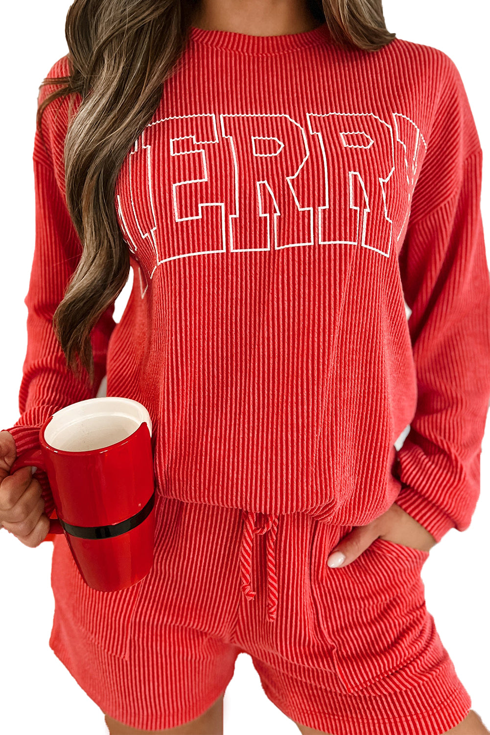 Racing Red Corded MERRY Long Sleeve Top and Shorts Pajama Set