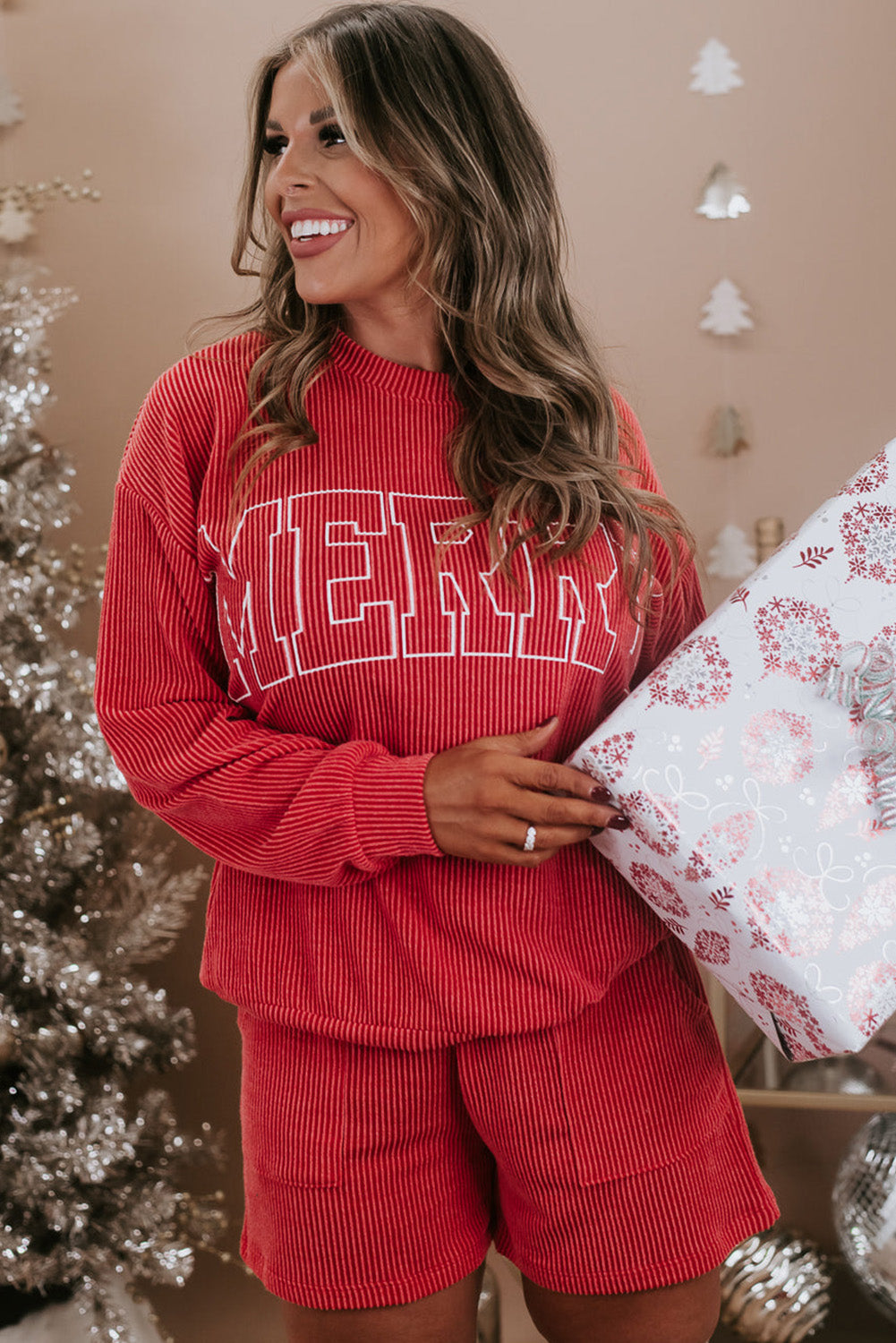 Racing Red MERRY Ribbed Long Sleeve Top and Shorts Plus Size Set