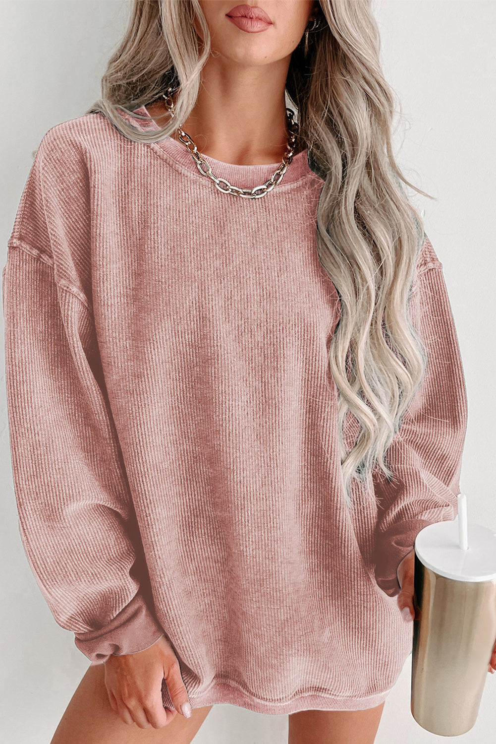 Plain Gray Solid Ribbed Knit Round Neck Pullover Sweatshirt