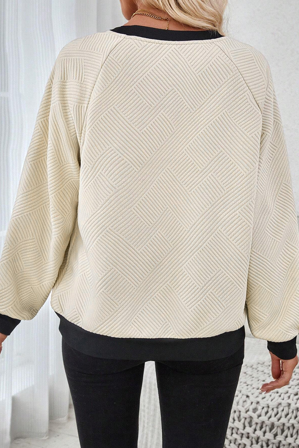 Jet Stream Textured Contrast Trim Raglan Sleeve Top