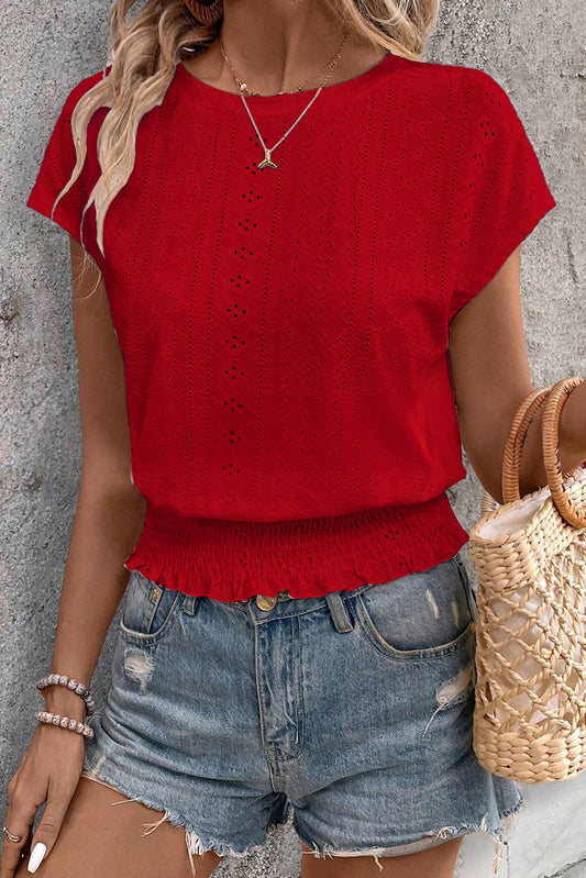 Racing Red Jacquard Smocked Hem Eyelet Blouse