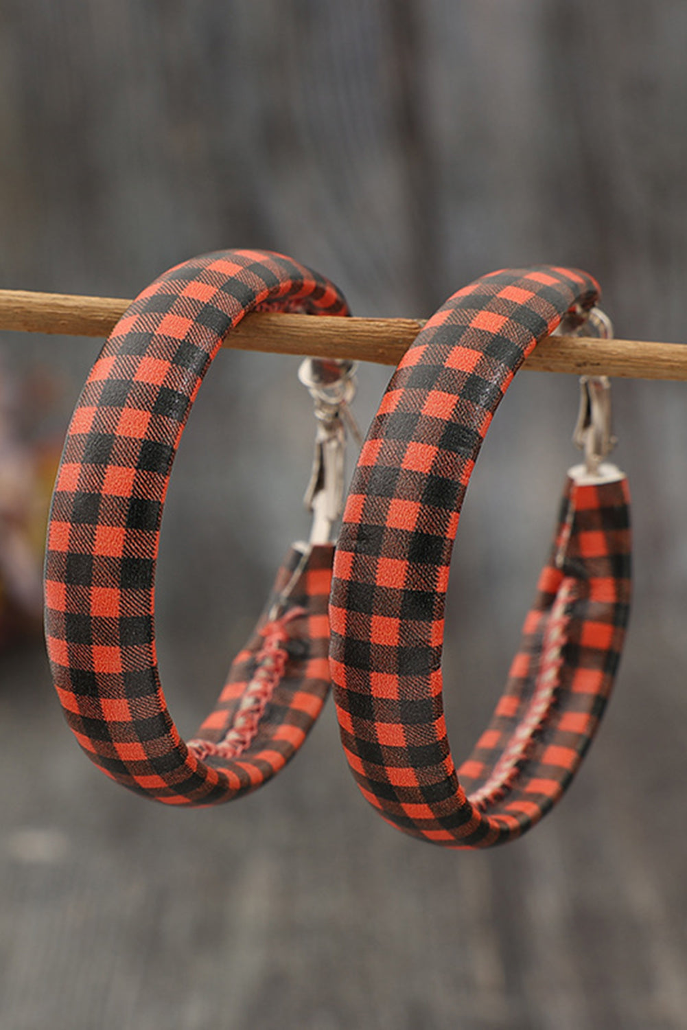 Red Dahlia Plaid Print PU Leather Hoop Earrings