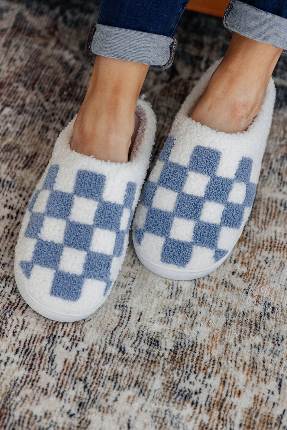 Fiery Red Checkered Print Fuzzy Slip On Winter Slippers