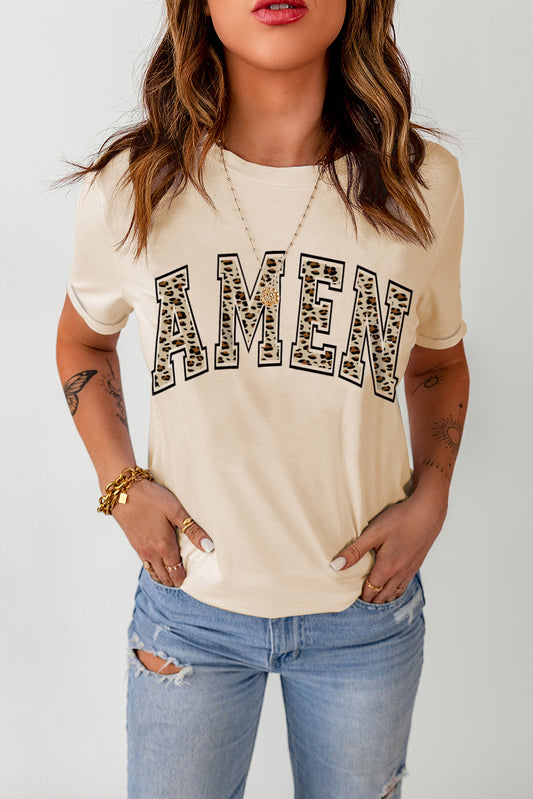 Khaki Amen Leopard Print Casual Graphic T Shirt