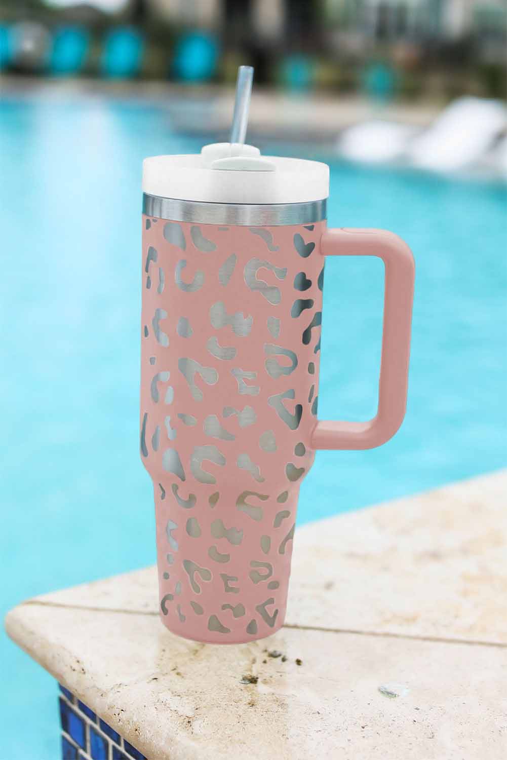 Pink 40oz Stainless Steel Portable Leopard Tumbler Mug With Handle