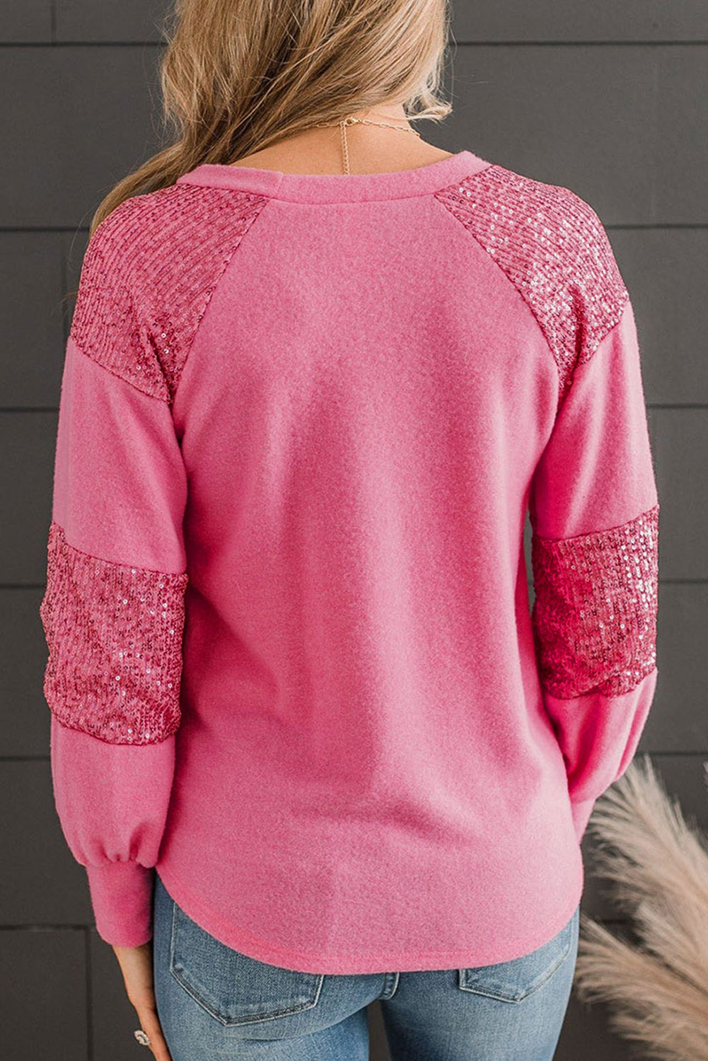 Pink Chenille Game Day Rugby Graphic Sequin Patchwork Sleeve Plus Top