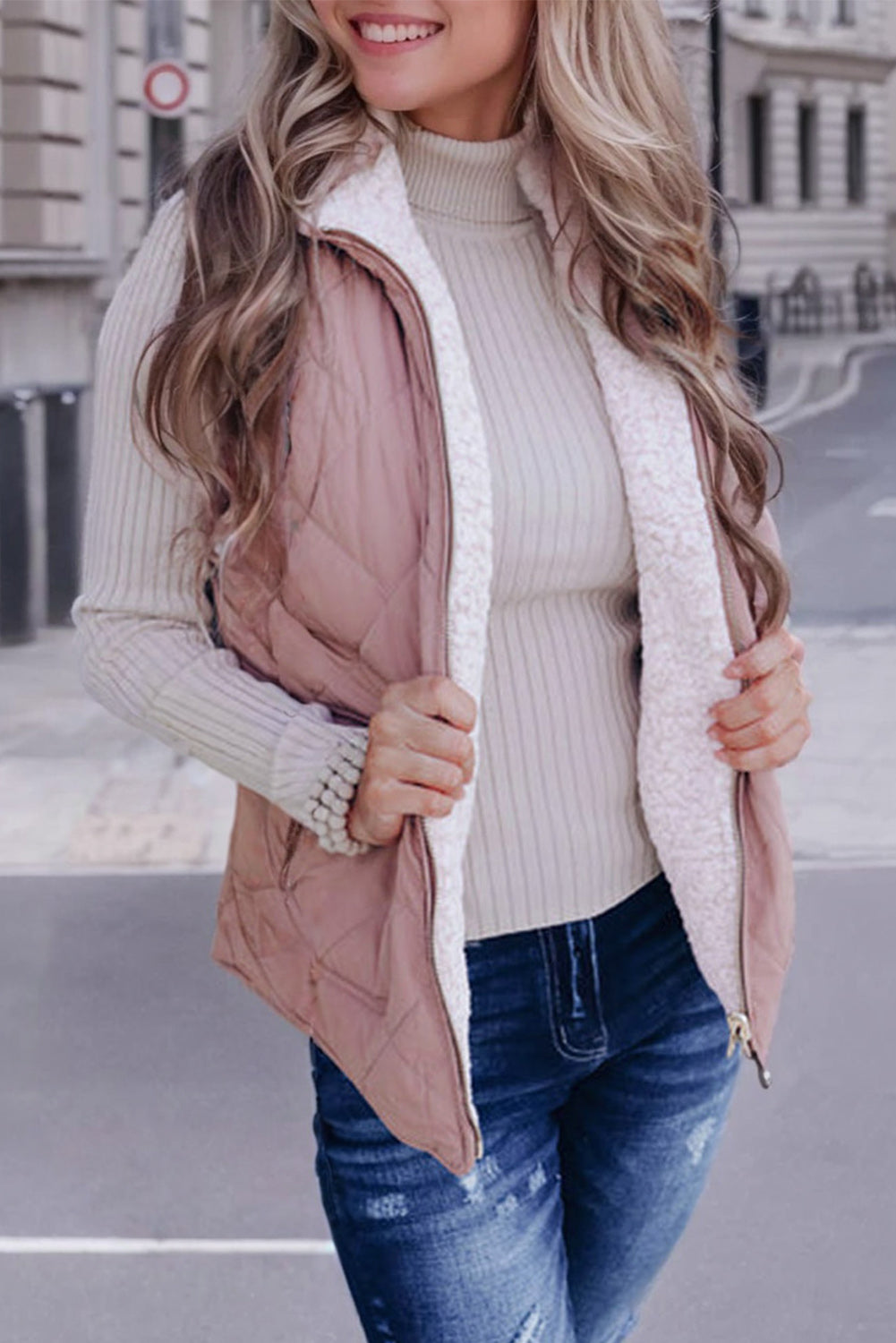 Pink Zip Up Fleece Lined Quilted Vest Coat