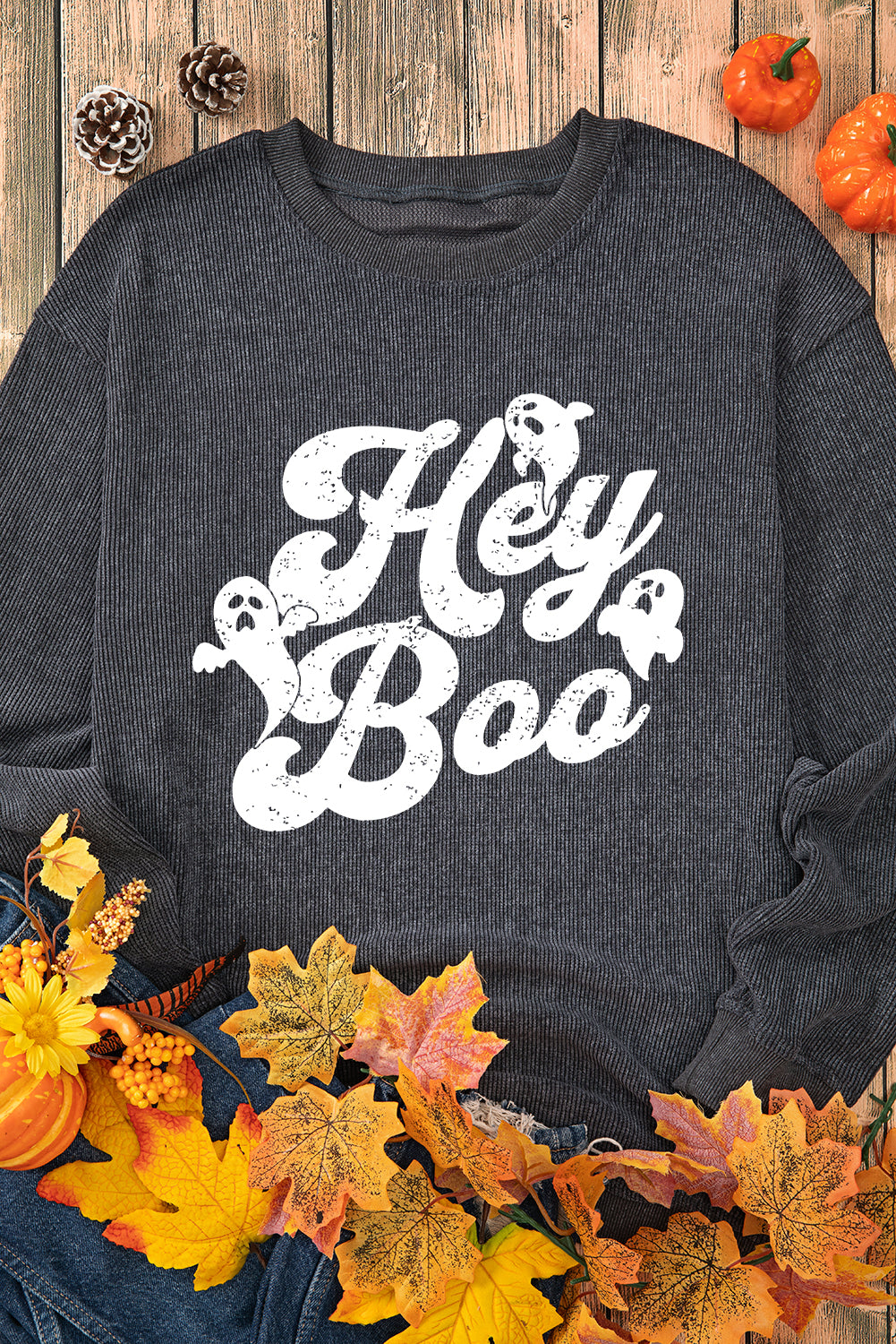 Gray Corded Hey Boo Ghost Graphic Drop Shoulder Halloween Sweatshirt