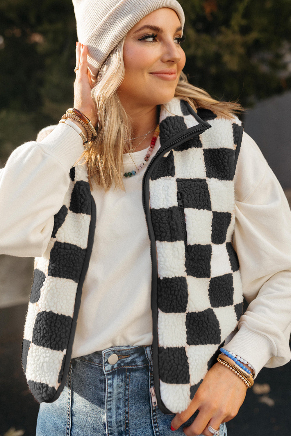 Black Checkered Sherpa Collared Jacket Vest