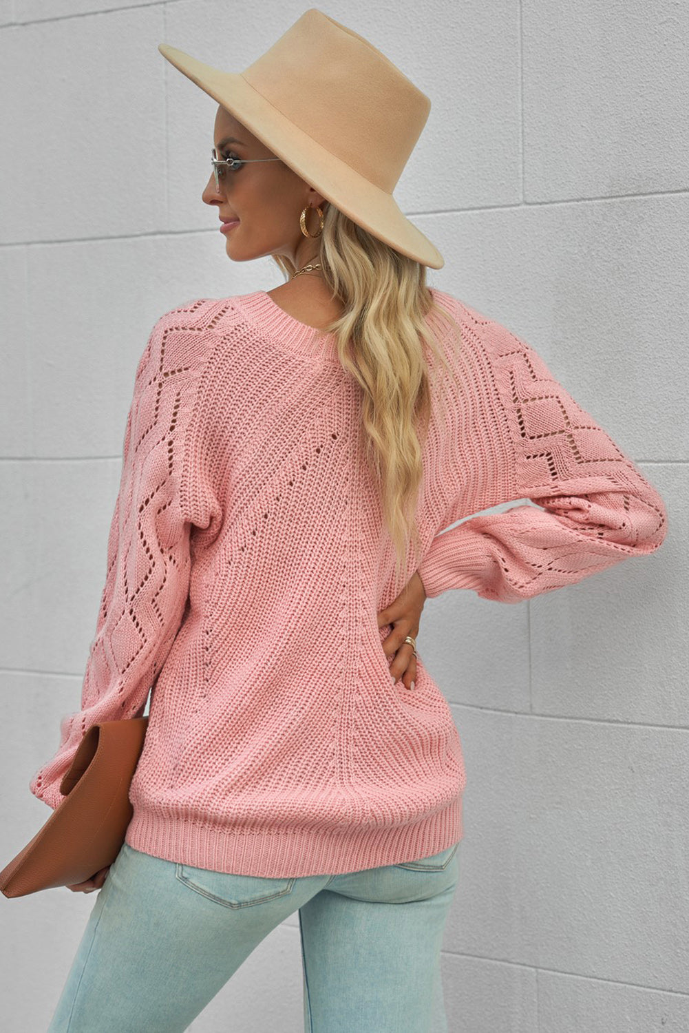 Pink Knit Hollow Out Long Sleeve Pullover Sweater