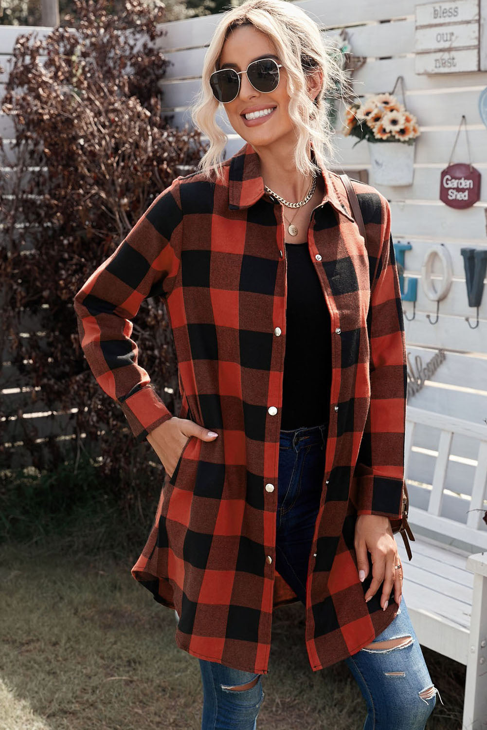 Brown & Black Plaid Collared Botton Down Long Shirt Shacket