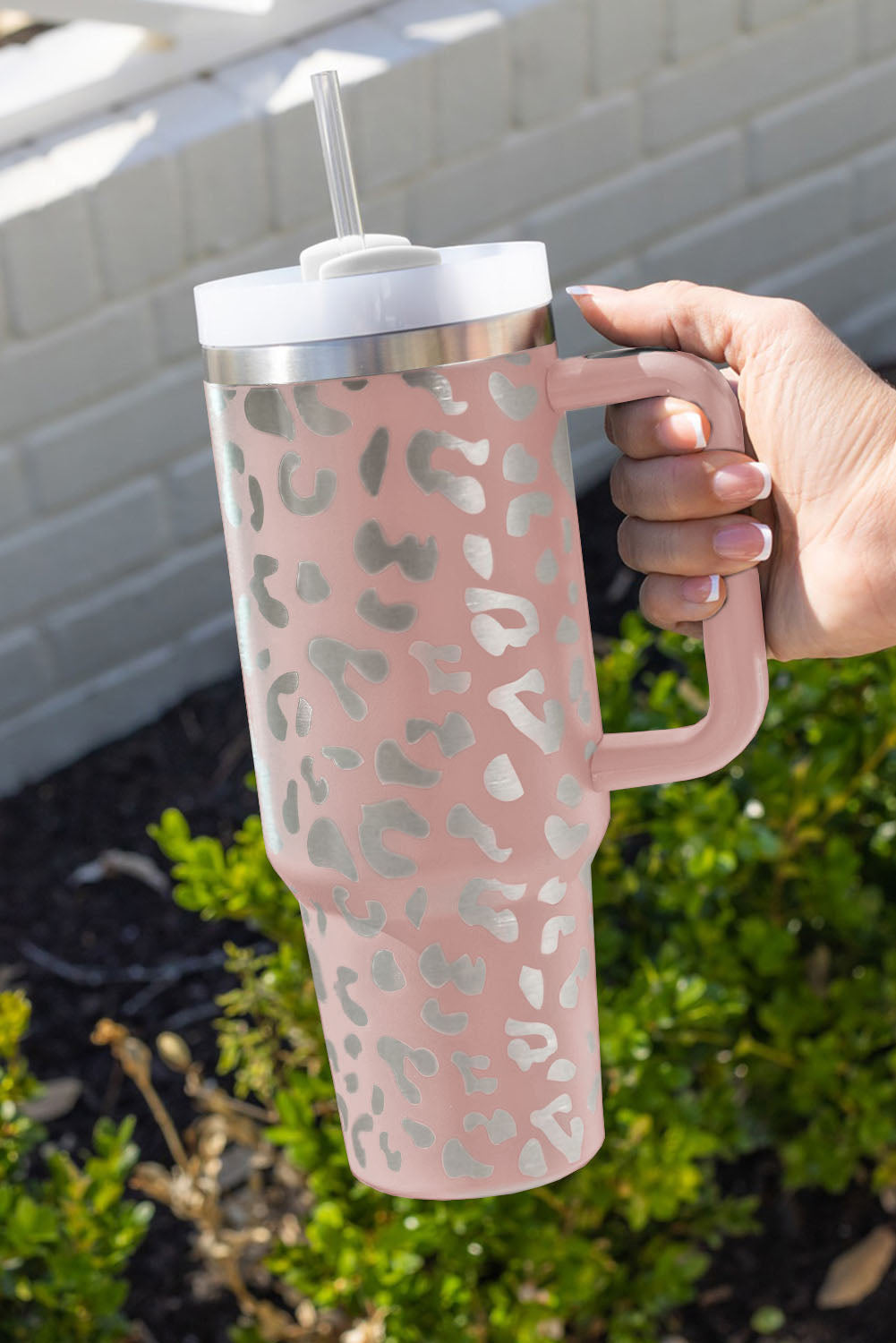 Pink 40oz Stainless Steel Portable Leopard Tumbler Mug With Handle