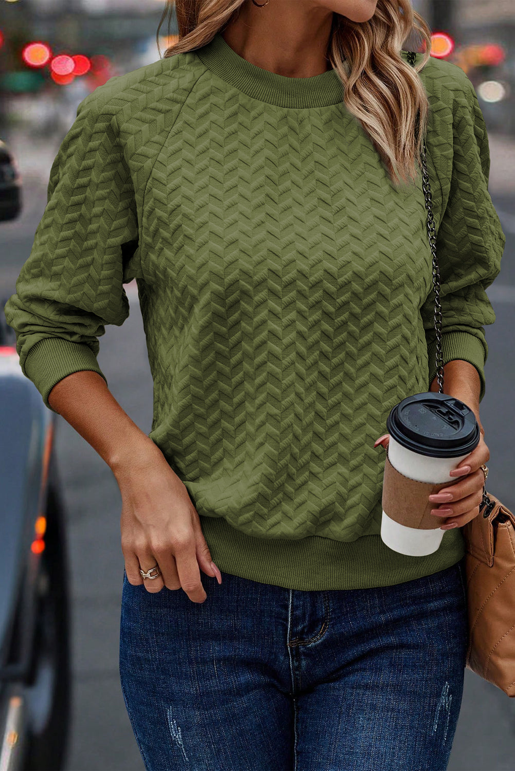 Green Solid Color Textured Raglan Sleeve Pullover Sweatshirt